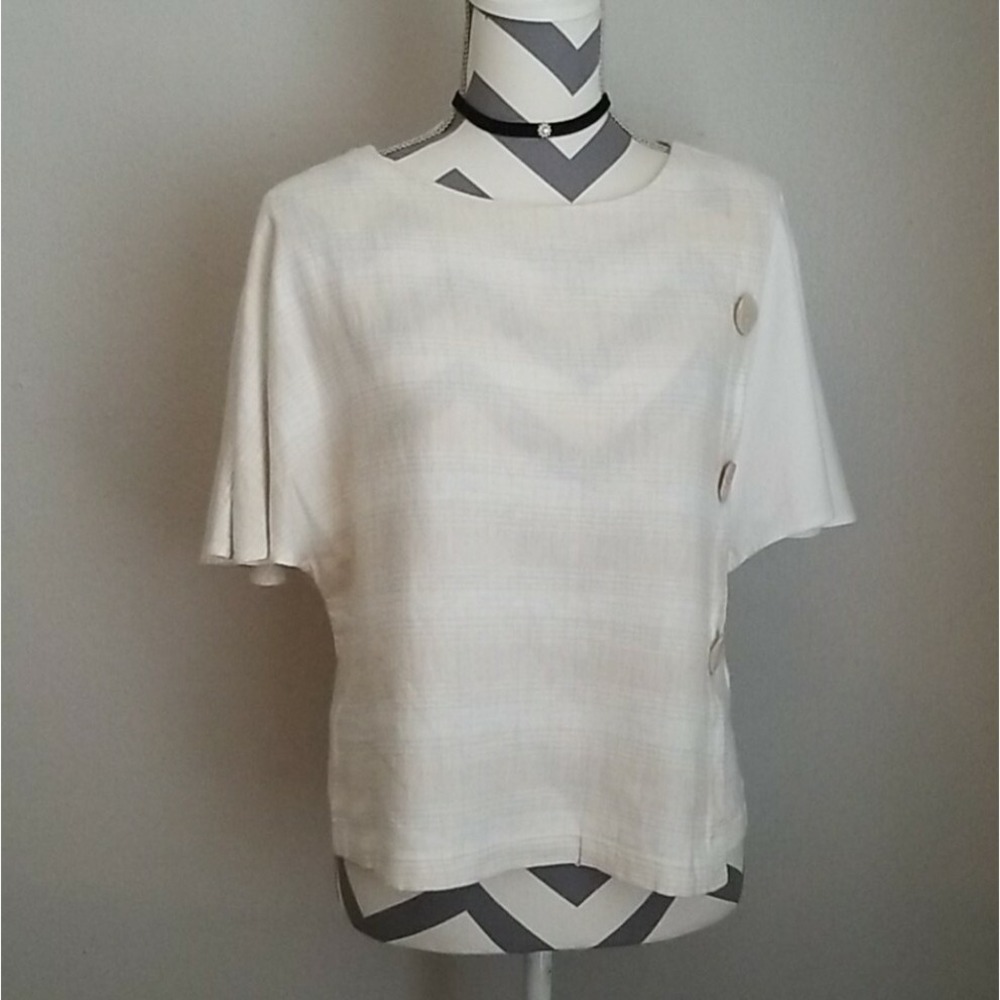 Kensie Linen Blend Top beige Blouse Size S short sleeve Striped cream